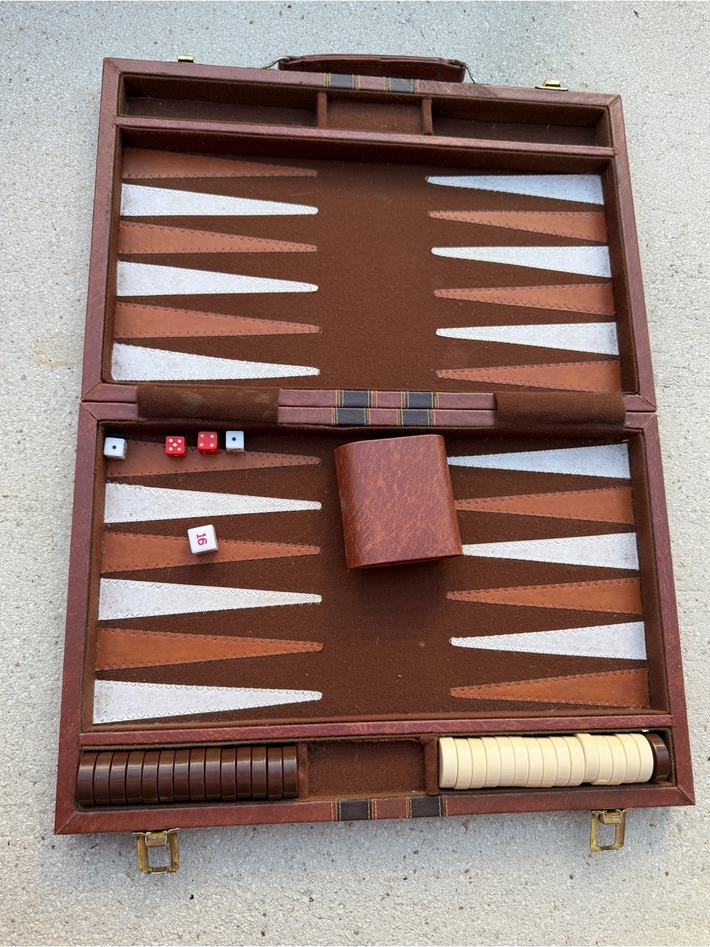 vintage faux leather backgammon set in an attache-style carrying case